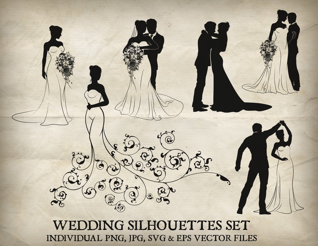 Bride and Groom Wedding Silhouette Vector Set. Each of the Silhouettes ...