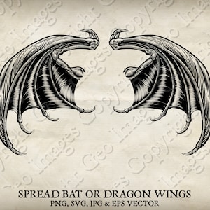Puede incluir: Ilustración en blanco y negro de un par de alas de murciélago o dragón extendidas. Las alas están detalladas con puntas afiladas y un patrón texturizado. El texto "SPREAD BAT OR DRAGON WINGS" y "PNG, SVG, JPG & EPS VECTOR" está debajo de la imagen.