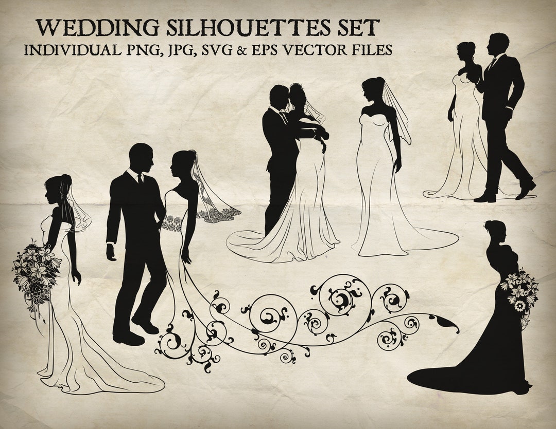 Bride and Groom Wedding Silhouette Vector Set. Each of the Silhouettes ...