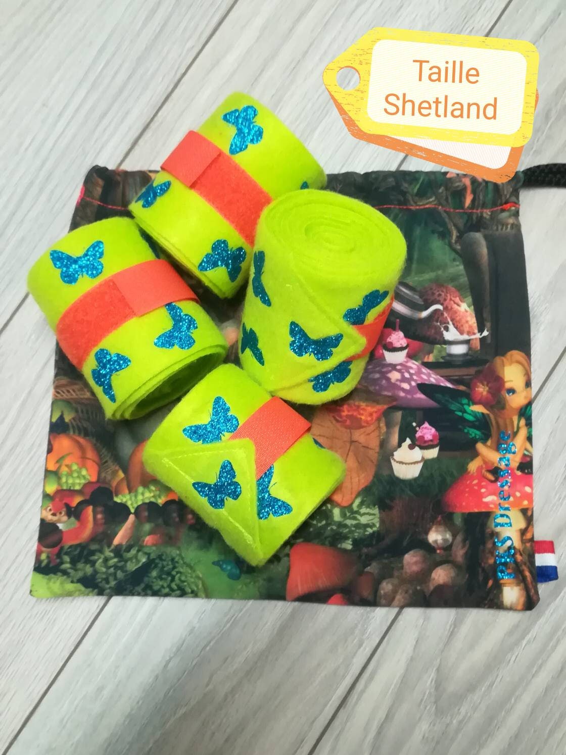 Bandes de Polo Poney Shetland Verte Fluo et Petits Papillons Bleu Pailleté