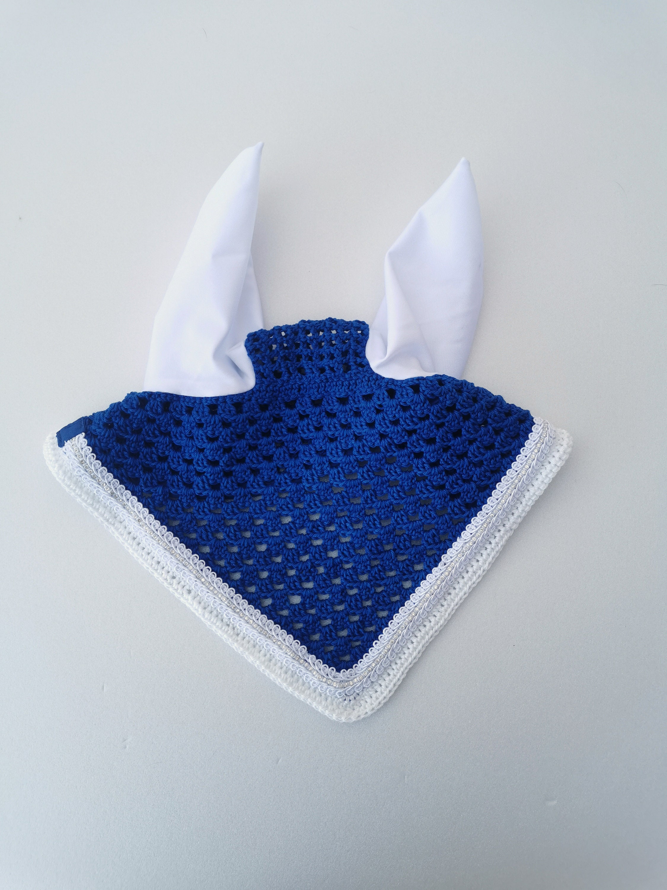 Bonnet Pour Cheval Au Crochet Bleu Roy et Blanc, Bonnet Concours