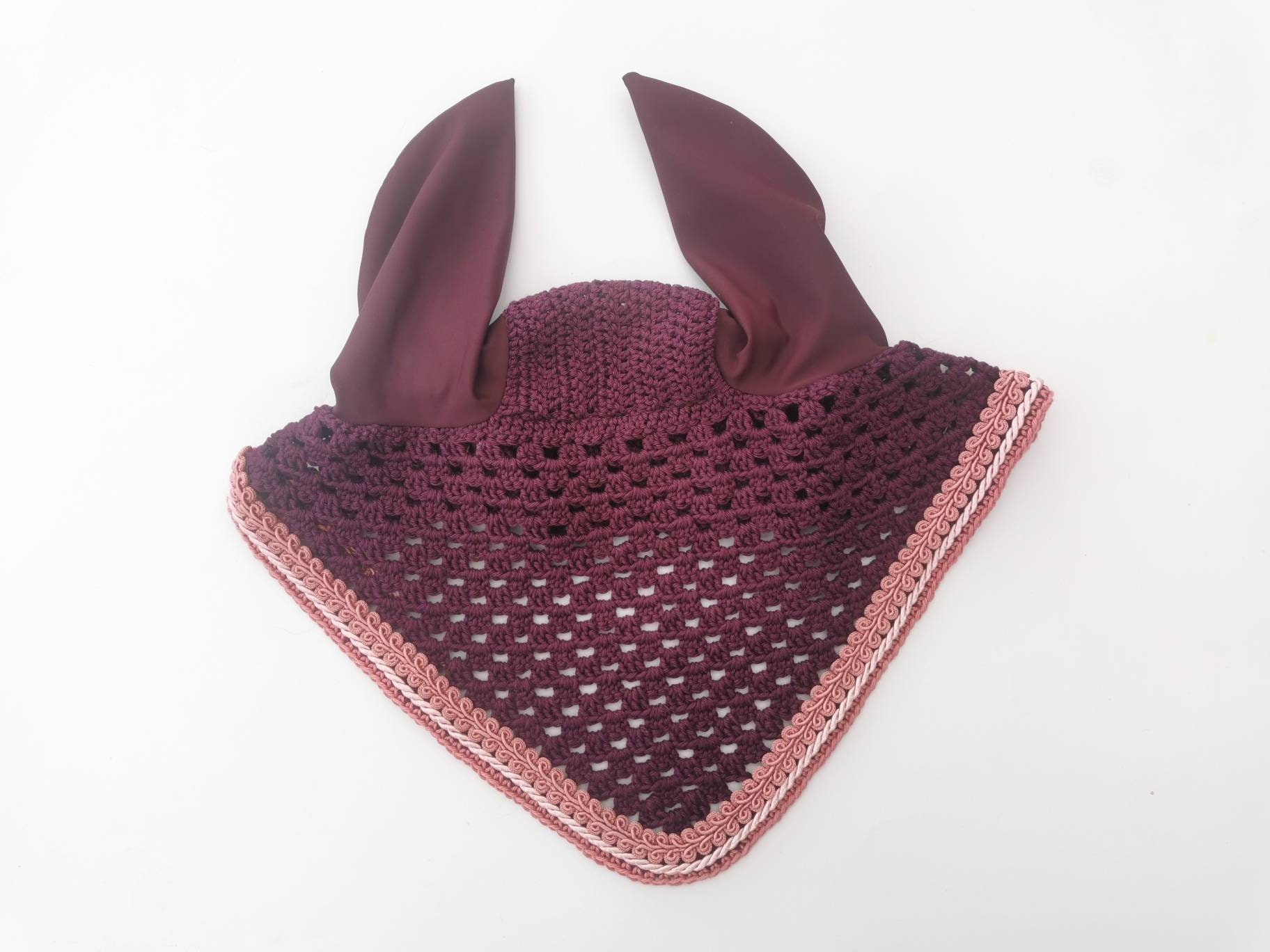 Bonnet Pour Cheval Au Crochet Couleur Aubergine et Bois de Rose, Bonnet Concours.