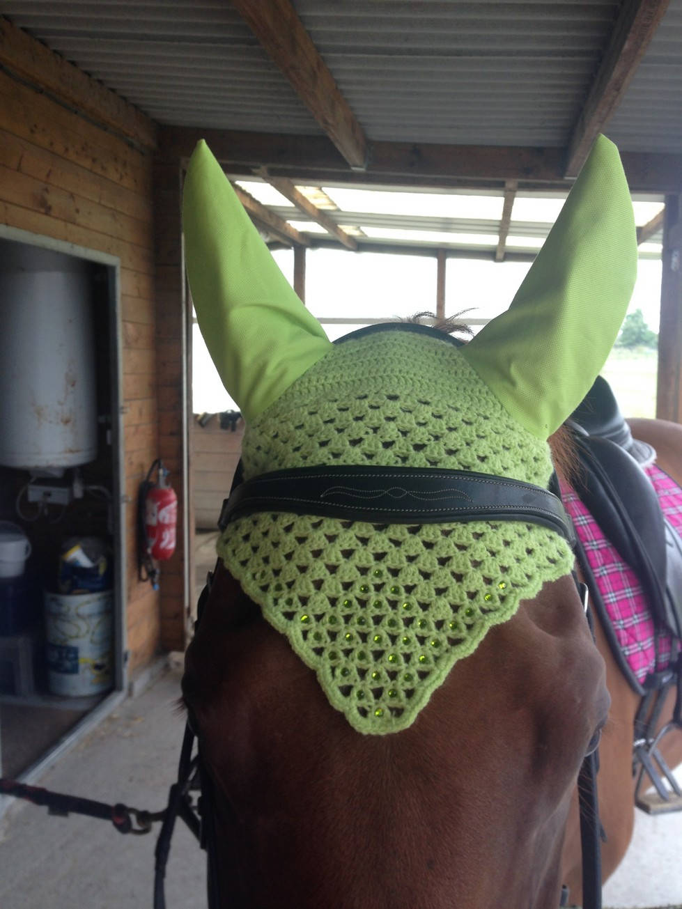 Bonnet Crochet Cheval, Bonnet Cheval Vert Pomme et Strass, Anti-Mouche, Français.