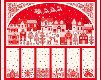 Fabric Advent calendar, Scandinavian Christmas 23. Naive landscape on red background. Distributed by Makower.