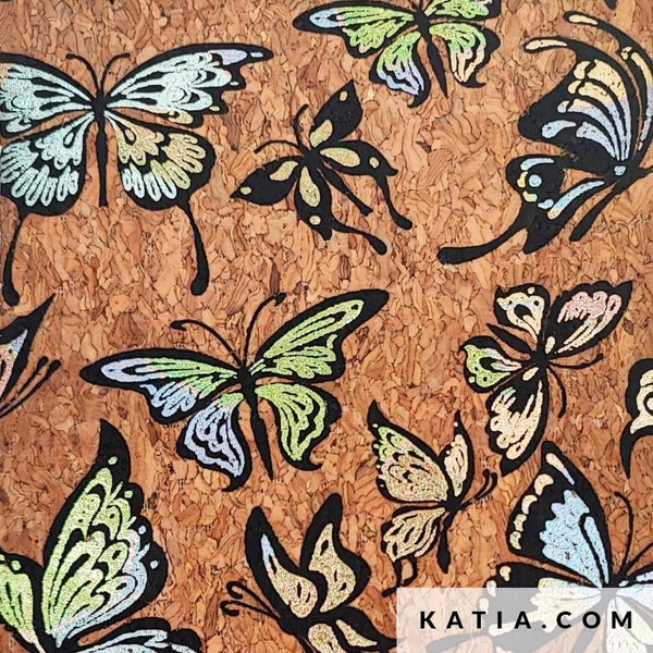 Tissu en liège Cork Gold Print Butterfly Bright de katia Fabrics.