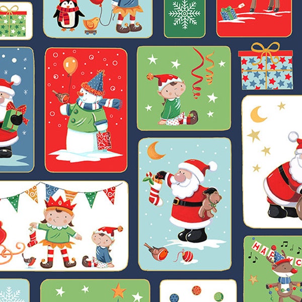 Tissu patchwork Noël représentant des motifs de Noël sous forme d'étiquettes. Collection Santa Christmas distribuée par Makower. 100% coton.