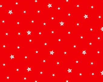 Christmas patchwork fabric representing small white stars on a red background. Scandi 23 collection distributed by Makower. 100% cotton.