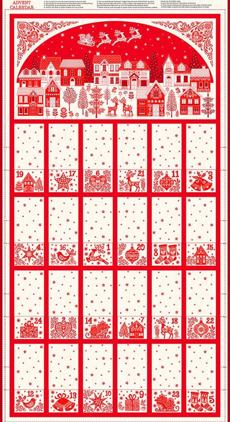 Fabric Advent calendar, Scandinavian Christmas 23. Naive landscape on red background. Distributed by Makower. image 1