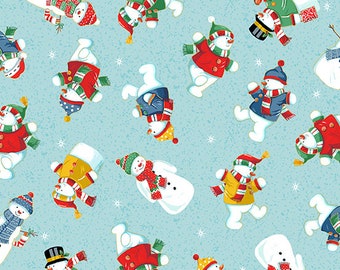 Tissu patchwork Noël représentant des bonhommes de neige sur fond bleu. Collection Santa Christmas distribuée par Makower. 100% coton.