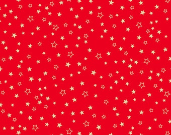 Christmas patchwork fabric representing golden stars on a red background. Santa Christmas collection distributed by Makower. 100% cotton.
