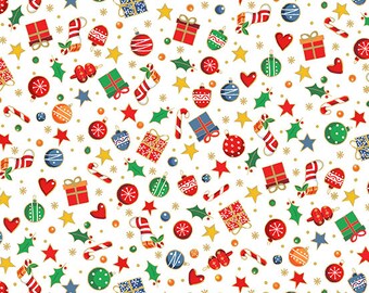 Christmas patchwork fabric representing Christmas patterns on an ecru background. Santa Christmas collection distributed by Makower. 100% cotton.