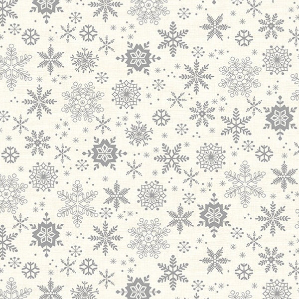 Tissu patchwork Noël représentant des flocons gris sur fond écru. Collection Scandi 23 distribuée par Makower. 100% coton.