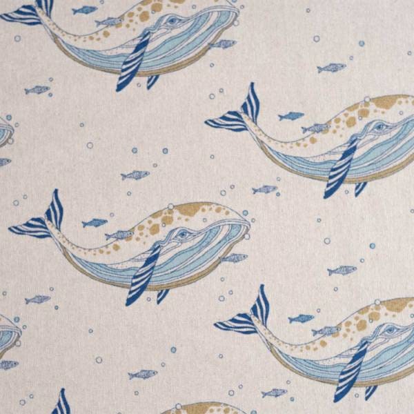 Canvas fabric "Gold Happy Whales" cotton Oeko-Tex for making clothes, bags, cushions - Katia.