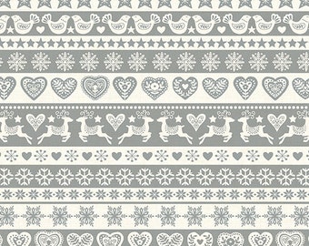 Tissu patchwork Noël représentant des motifs naïfs sur bandes grises et blanches. Collection Scandi 23 distribuée par Makower. 100% coton.