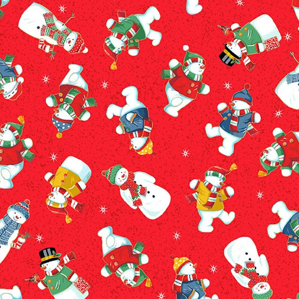 Tissu patchwork Noël représentant des bonhommes de neige sur fond rouge. Collection Santa Christmas distribuée par Makower. 100% coton.