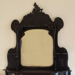 Rare Antique Late Victorian Ebonized Mahogany Carved Etagere with Shaped Mirror
