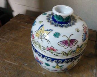 Vintage Chinese Porcelain Ginger Jar with Hand-painted Flowers and Butterflies - 1970s circa