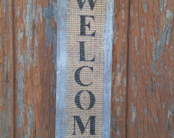 Plaque de porte en bois et jute Welcome basalte