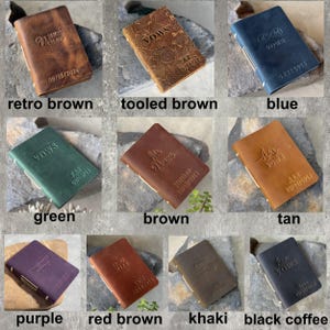 May include: A collection of leather vow books in various colors, including retro brown, tooled brown, blue, green, brown, tan, purple, red brown, khaki, and black coffee. Each book features embossed text and dates, perfect for weddings or anniversaries.