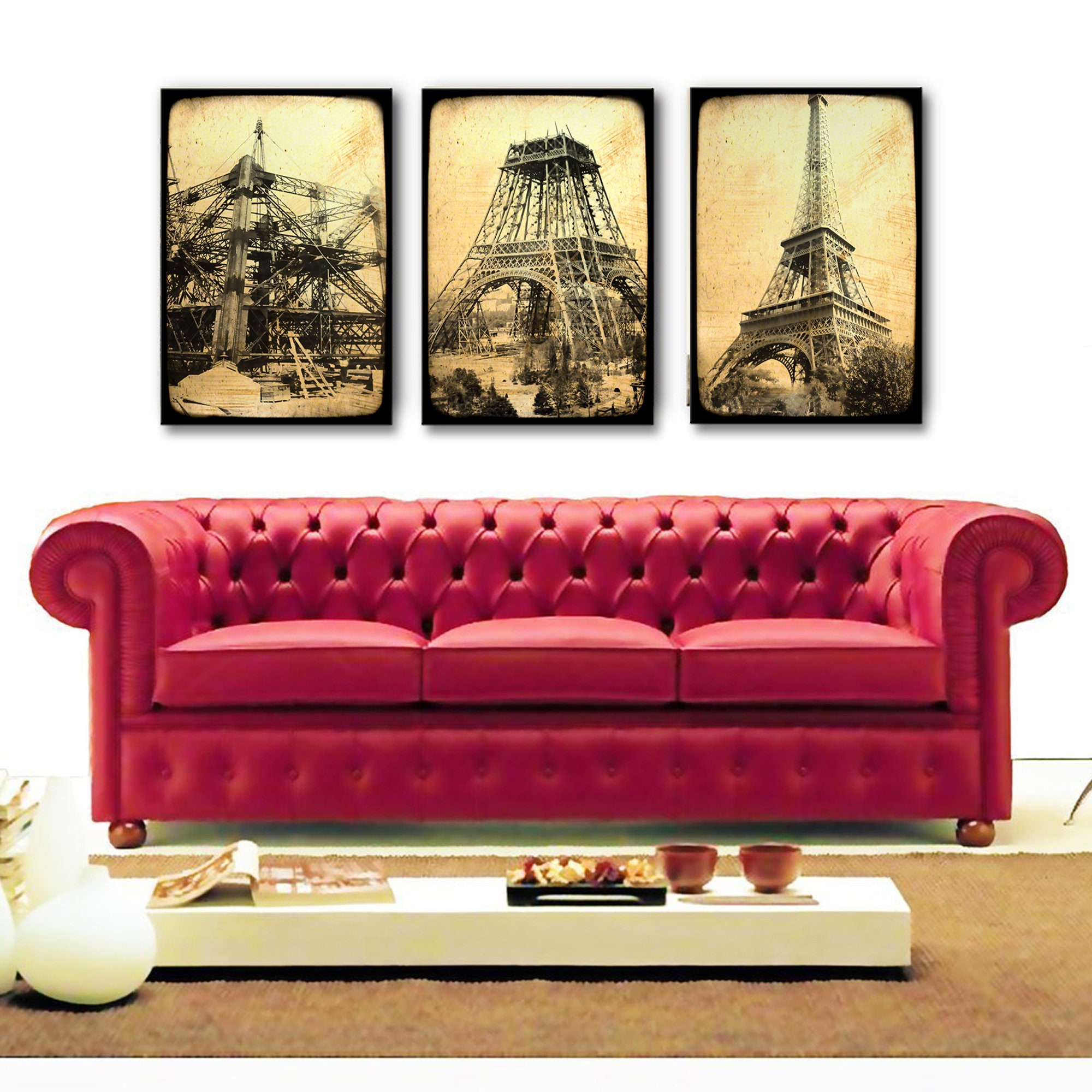 Toile Construction Tour Eiffel Sépia 3x(55x80cm