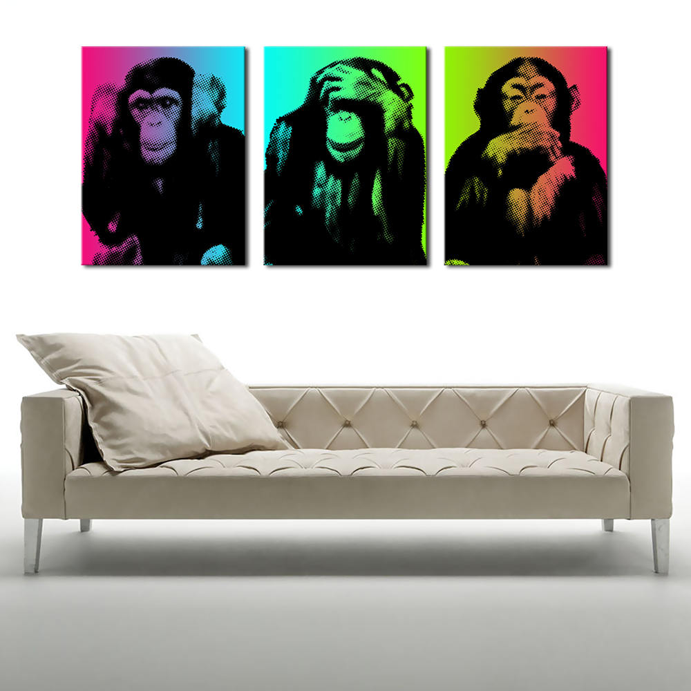 Toiles Singes de La Sagesse Triptyque Pop-Art 3x(40x55