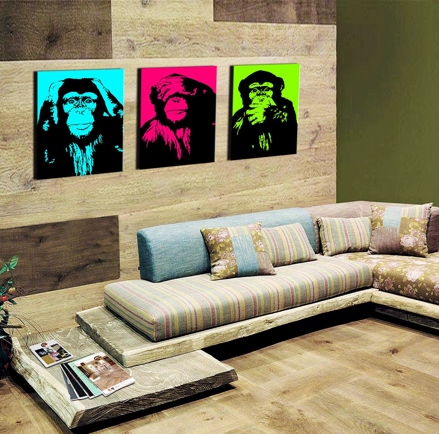 Singes de La Sagesse sur Toile Triptyque Pop-Art 3x(30x40cm