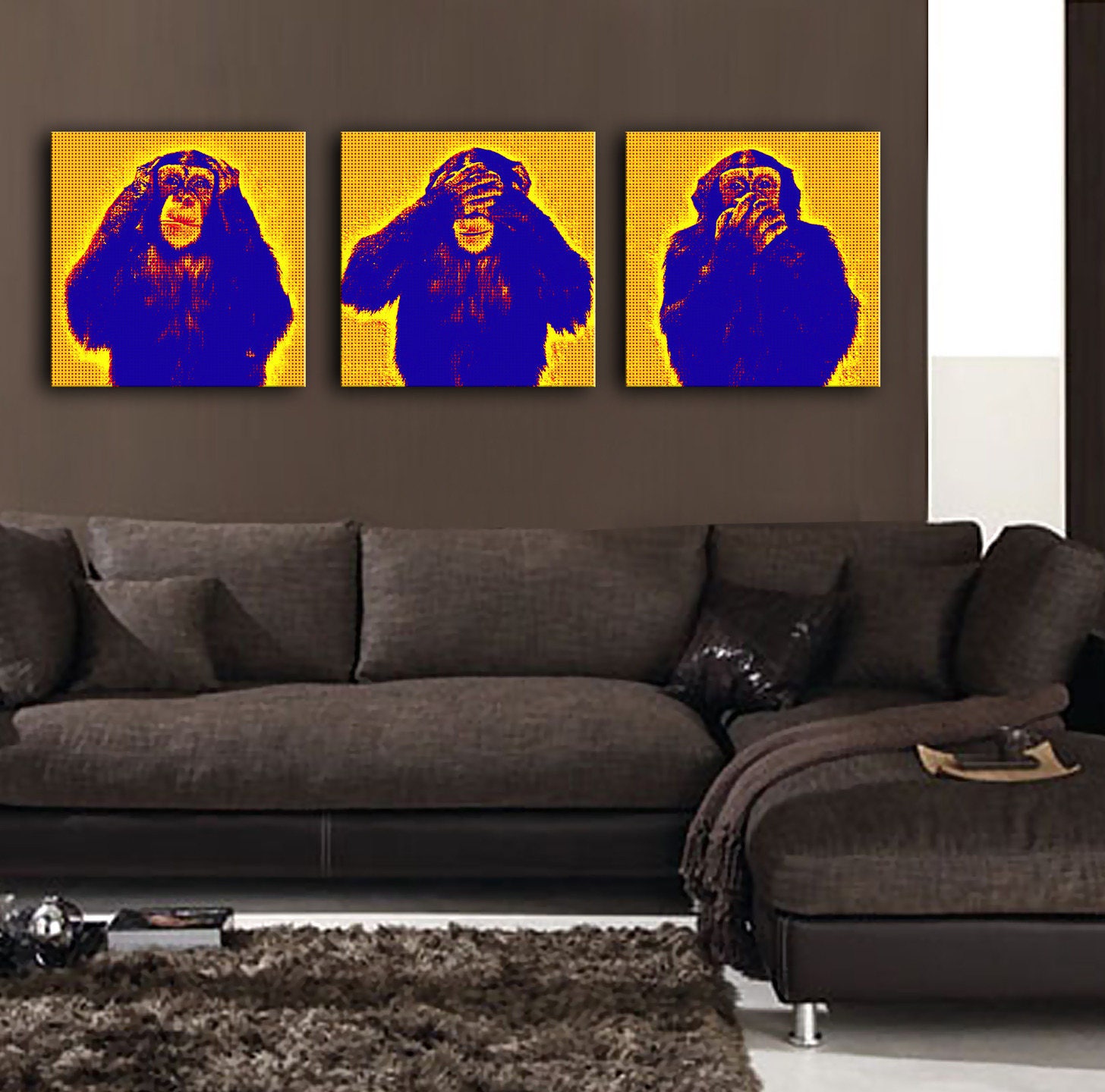 Toiles Pop-Art Jaune et Mauve Singes de La Sagesse 3x(30x30cm