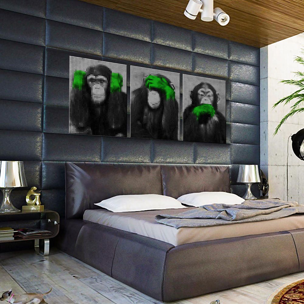 Tableau sur Toile Triptyque Les 3 Singes de La Sagesse Mains Vertes 3x(40x55