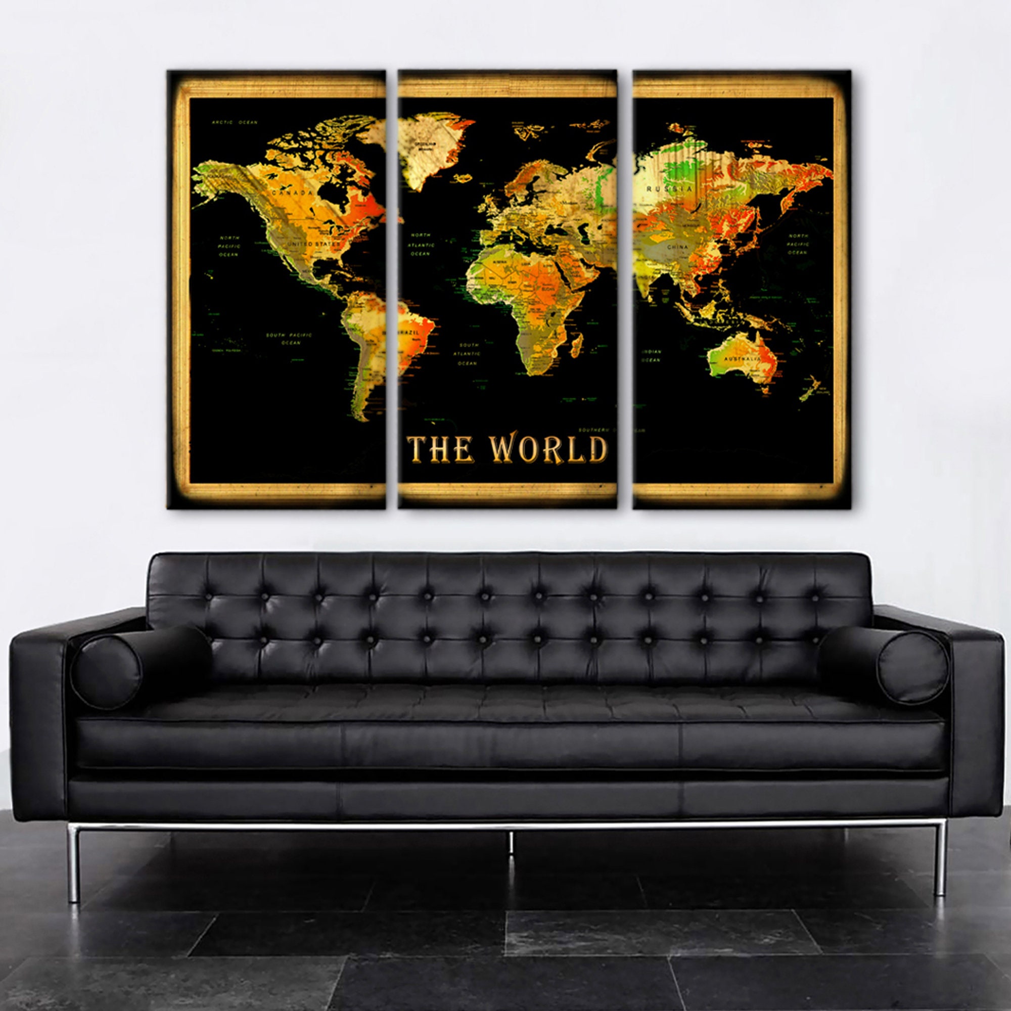 Toile Effet Vieilli Triptyque Mappe Monde 3x(40x80cm