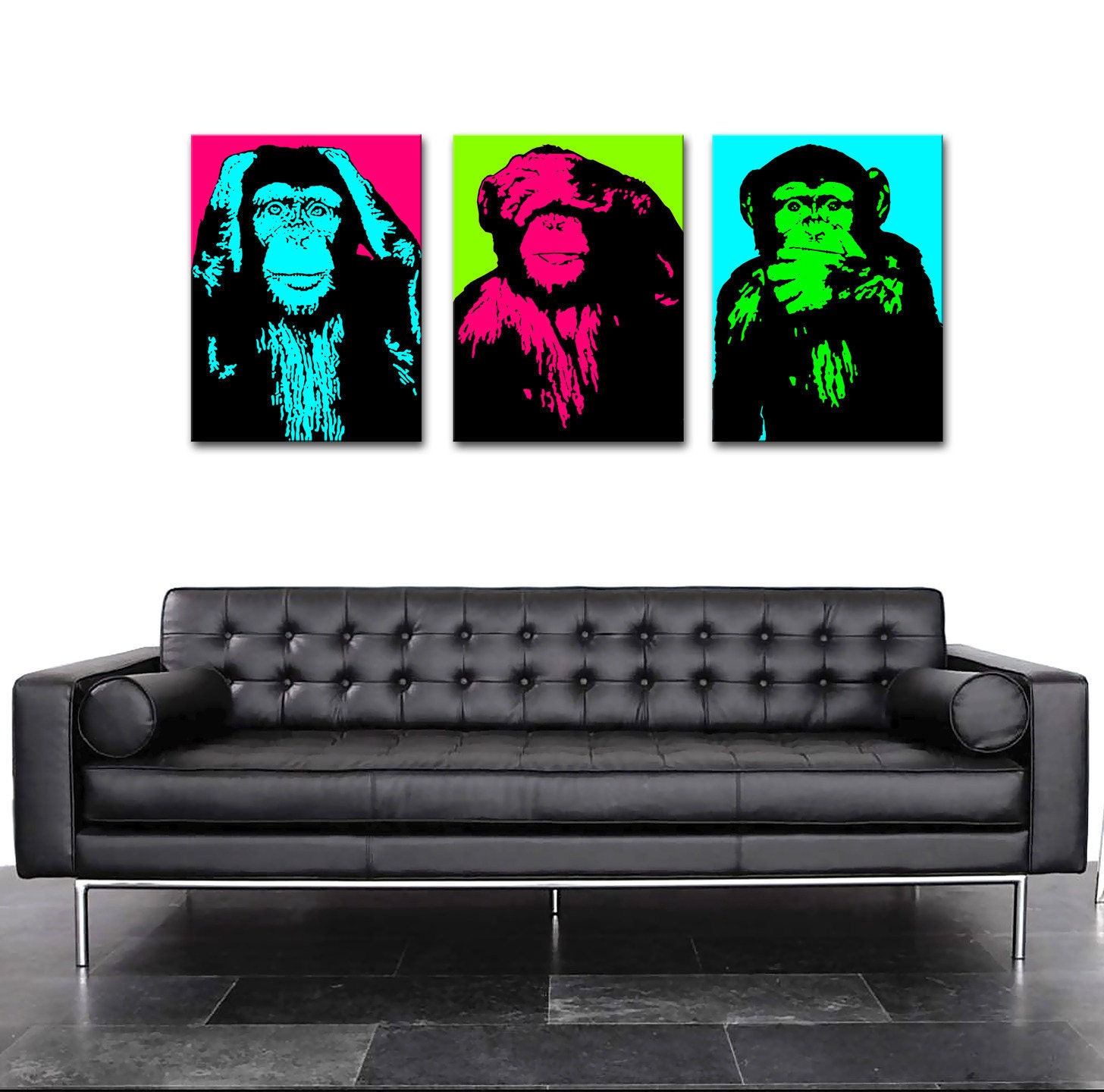 Tableaux Singes de La Sagesse Pop-Art 2 Couleurs 3x(40x55cm