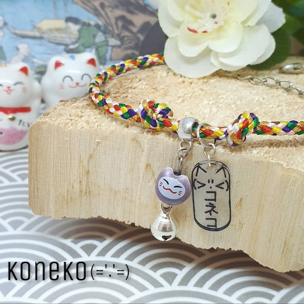 Bracelet de cheville maneki neko en cordon kumihimo (='.'=)