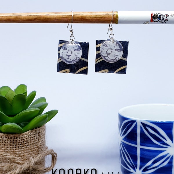Traditional Japanese vegetable pattern earrings Japanese laque style and small cat - Handmade resin ('.'' =)