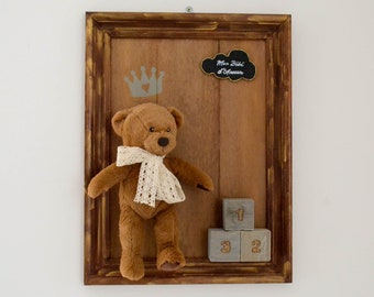 Cadre de naissance avec ours en peluche - Décoration chambre enfant - cadeau de naissance  - fais main