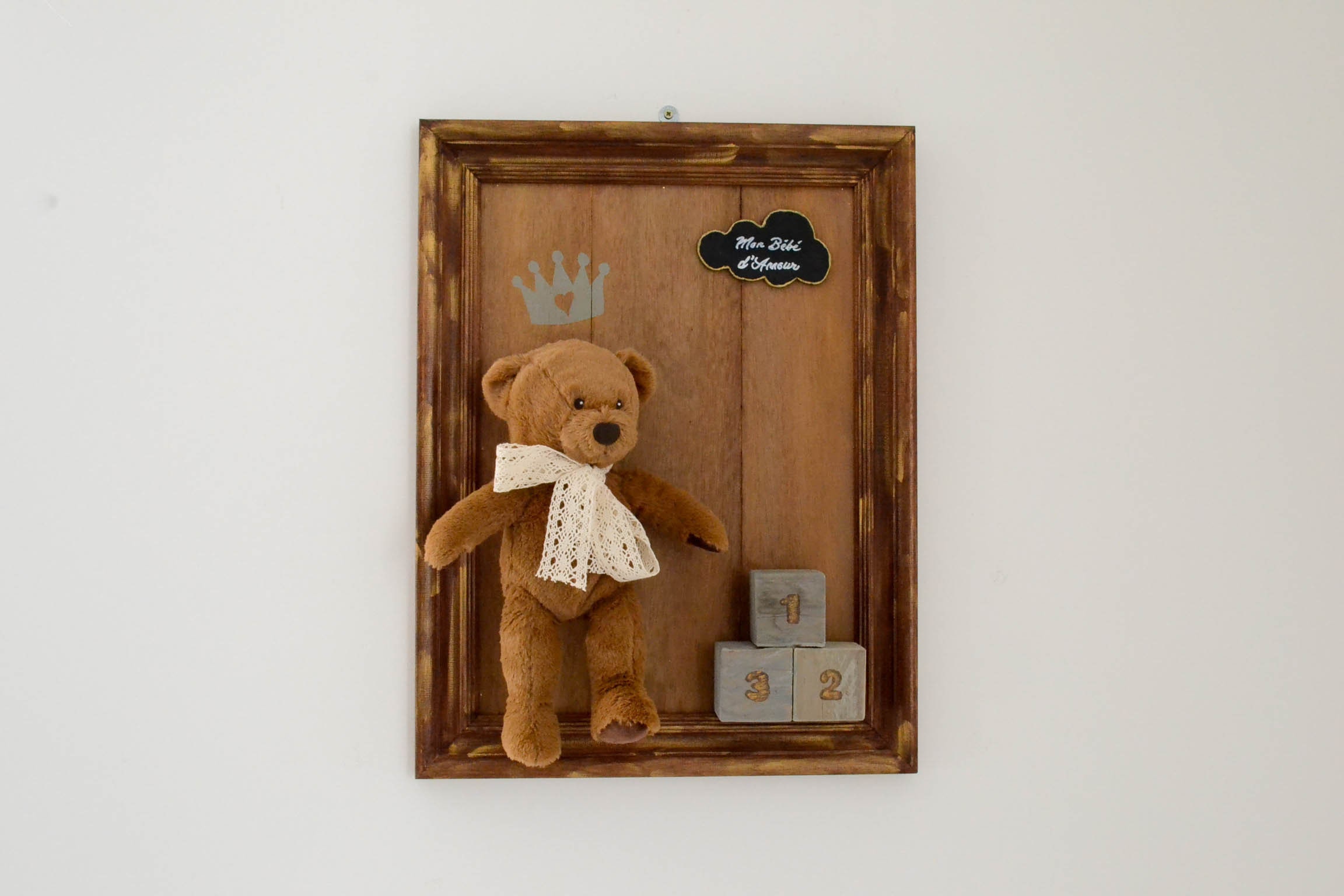 Cadre de Naissance avec Ours en Peluche - Décoration Chambre Enfant Cadeau Fais Main