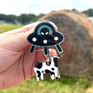 UFO Cow Abduction badge reel/ Spaceship badge reel/ Alien spaceship badge reel/ Space badge reel/ cow badge reel/