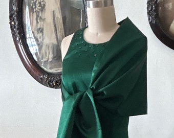 1990’s Green Satin Prom Dress Evening Gown with Shawl