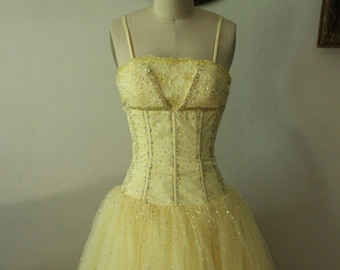 Late 1990s/Y2K Alyce Designs Ballgown Prom Dress in Buttercup Yellow with Beaded Corset Bodice and Tulle Skirt Belle Yellow Dress