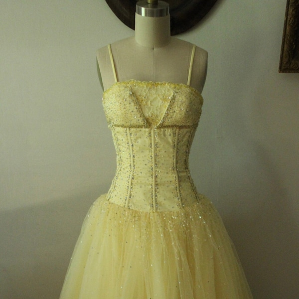 Late 1990s/Y2K Alyce Designs Ballgown Prom Dress in Buttercup Yellow with Beaded Corset Bodice and Tulle Skirt Belle Yellow Dress