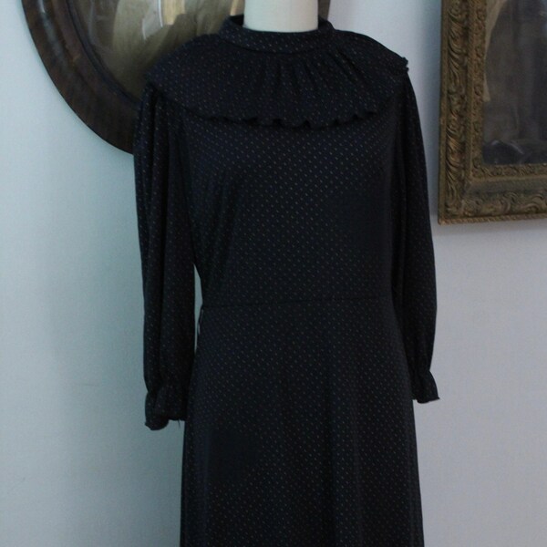 1970's Black Polka Dot Knit Dress with Ruff Style Collar