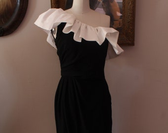 1980’s Black and White Enrico Seratti Asymmetrical Ruffled Party Dress