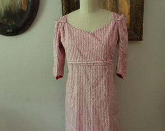 1790’s Early Regency Style Pink Stripe Calico Cotton Wrap Dress