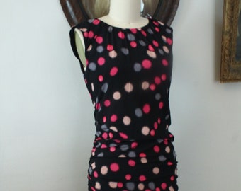 2000’s DVF Ruched Navy and Pink Polka Dot Silk Dress