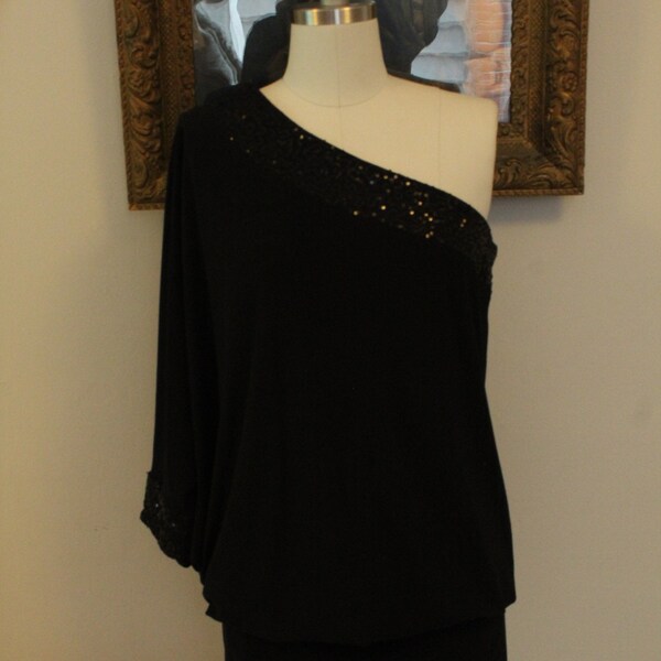 1990’s/Y2K Frederick’s of Hollywood Asymmetrical Jersey Knit Sequinned Minidress