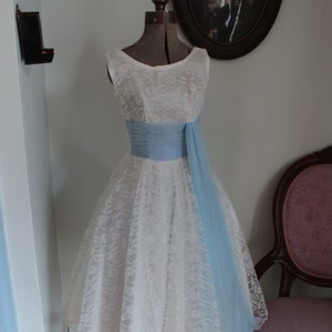 Late 1950’s White Lace Dress with Blue Chiffon Sash