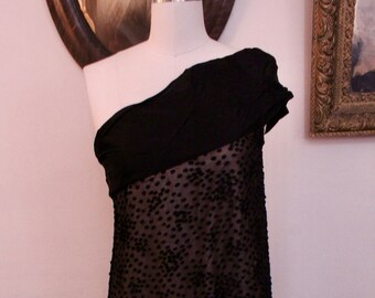 1990's Robert Doyle Couture One Shoulder Black and Pink Dotted Chiffon Asymmetrical Party Dress