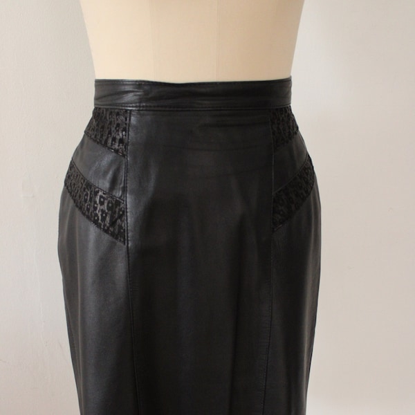 1980’s Black Leather Skirt with Patterned Accents