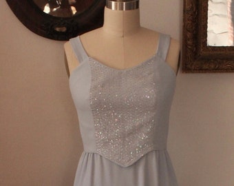 1980’s Powder Blue Sequinned Crepe Sleeveless Evening Gown