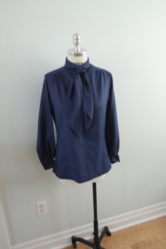 1970’s Blue Polyester Pussy Bow Blouse