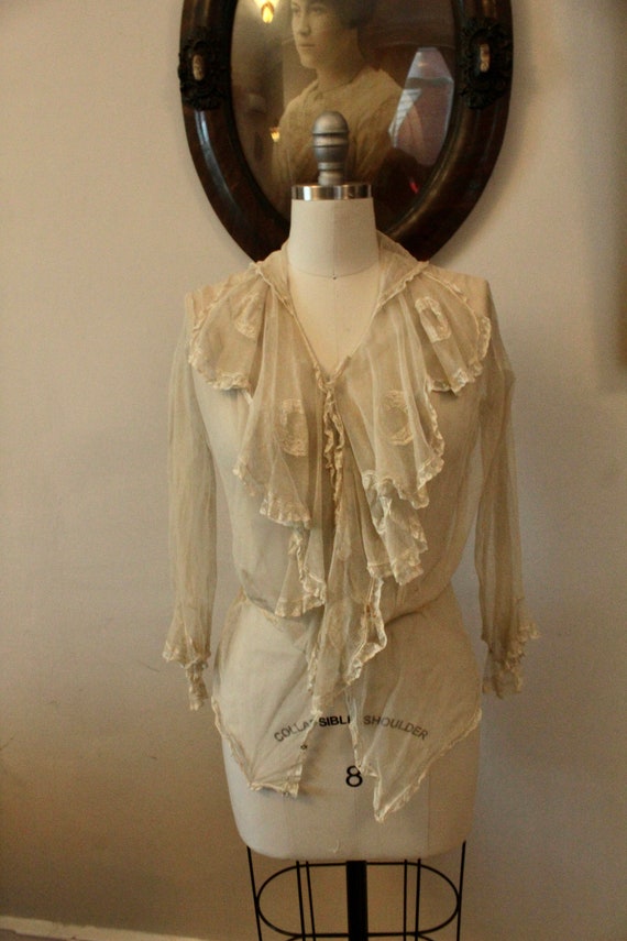 1910's Long Sleeved Net Shirtwaist Blouse with Ru… - image 1