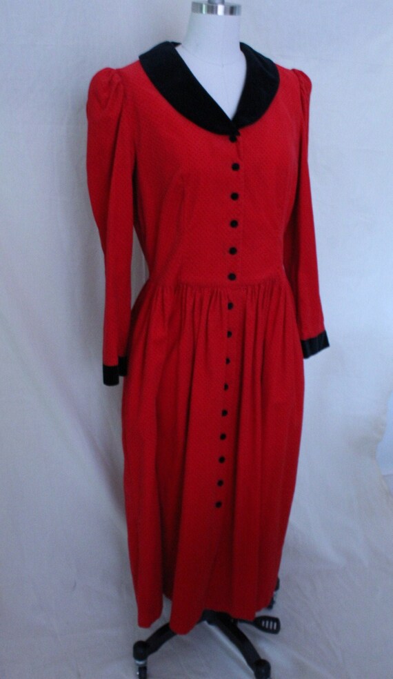 1980's Red and Black Polka Dot Corduroy Lanz Dress